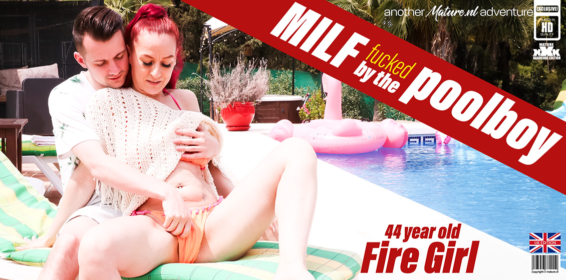 Fire Girl, Sam Bourne The Poolboy get's seduced by MILF Fire Girl to fuck her right next to the pool under the sun 